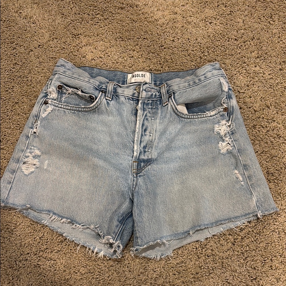 Agolde Blue Distressed Jean Shorts with Pearl Details